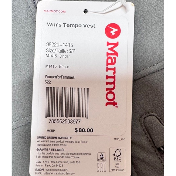 Marmot Womens Tempo Vest S Gray Gorp Core Hiking Outdoor Lightweight Camping - Picture 4 of 10